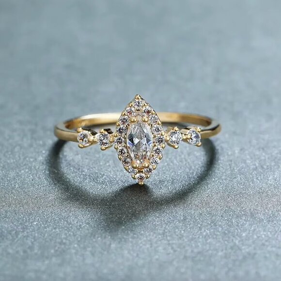 14k Yellow Gold Diamond Ring Marquise Cut Dainty Ring Band - Picture 3 of 4